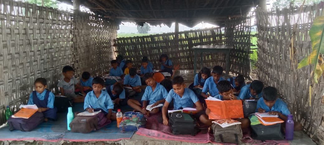 Dilapidated school in village Khatama, classes are being held outside due to fear of accident