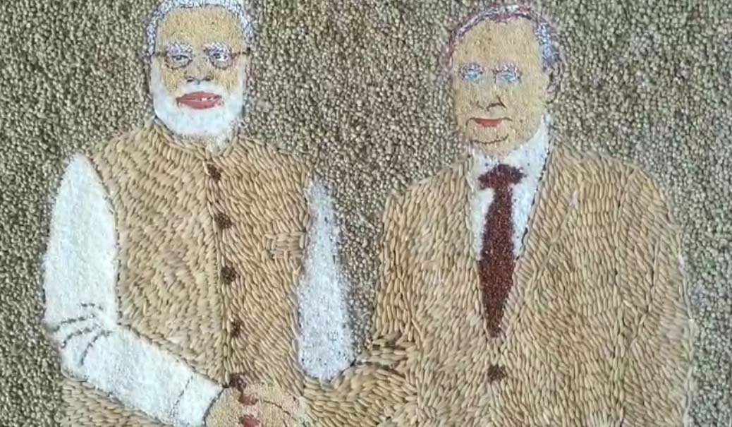A farmer from Superli uses grain art to promote nuclear safety, creating portraits of Modi and Putin.
