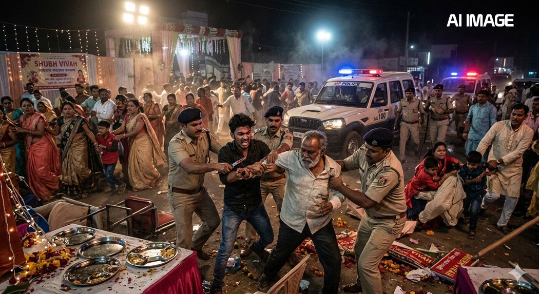 Amid wedding celebrations, a drunken father and son attacked, killing one and injuring six, including a policeman.